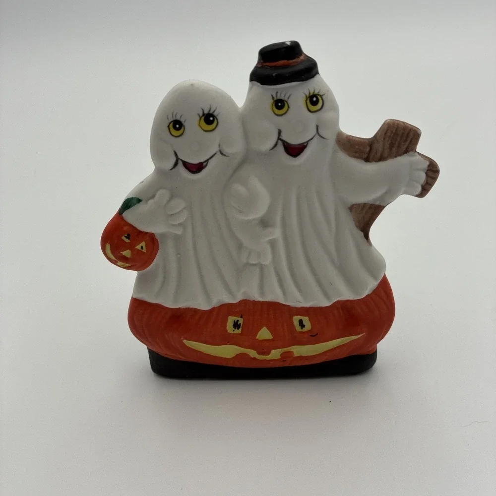 Halloween Ghost Couple Jack-O-Lantern Ceramic Tea Light Candle Holder Figurine